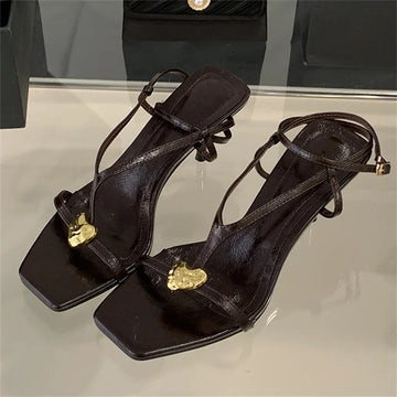 xajzpa Summer Fashion Metal Buckle Narrow Band Sandals Women Band Open Toe Thin Low Heel Gladiator Party Shoes Zapatos De Mujer